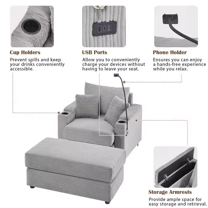 41.7 Modern Single Sofa with Storage Ottoman Two Cup Holders for Living Room Gray