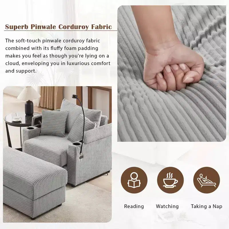 41.7 Modern Single Sofa with Storage Ottoman Two Cup Holders for Living Room Gray