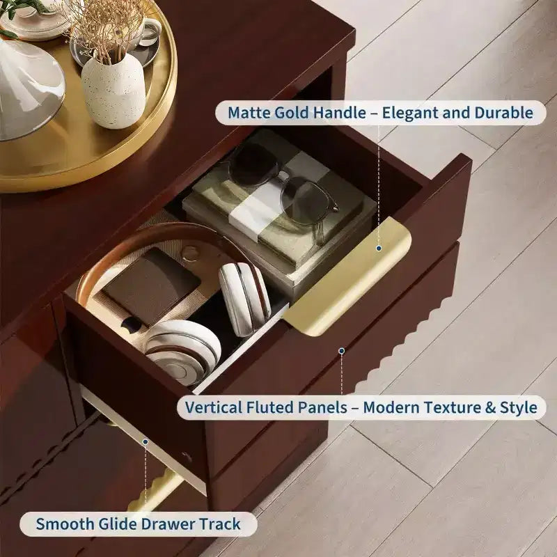 7 Drawer Dresser for Bedroom, 47W Wooden Chest of Drawers with Gold Handles, Fluted Storage Organizer & Media Console TV Stand for Bedroom