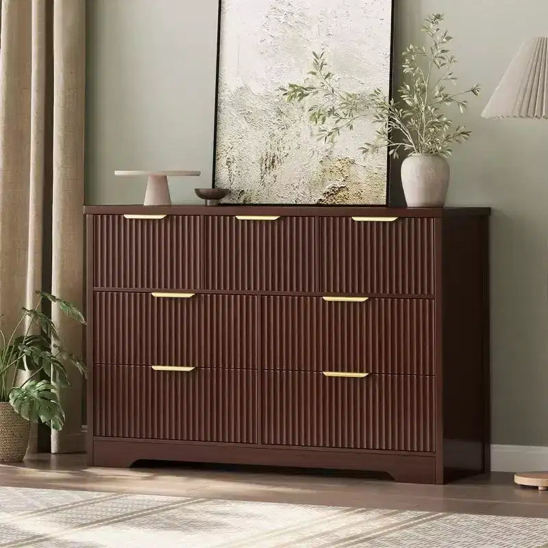 7 Drawer Dresser for Bedroom, 47W Wooden Chest of Drawers with Gold Handles, Fluted Storage Organizer & Media Console TV Stand for Bedroom