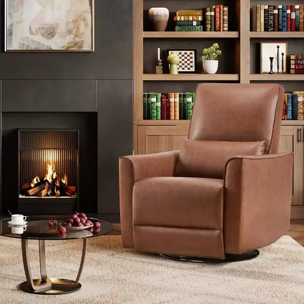 Swivel Rocking Recliner Chair, Manual Faux Leather Upholstered Glider Rocking Nursery Recliner with Lumbar Support for Living Room Bedroom