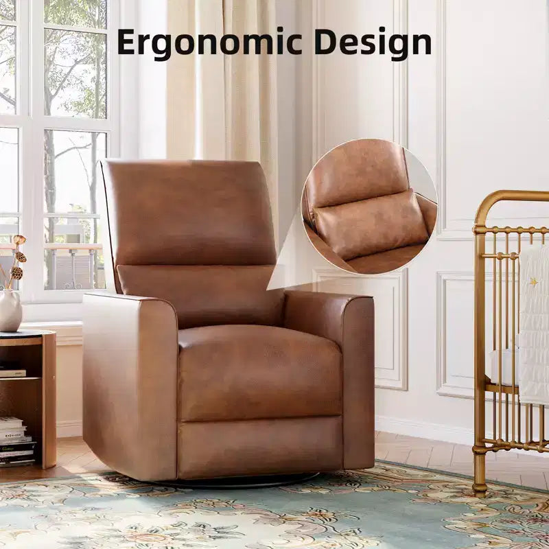 Swivel Rocking Recliner Chair, Manual Faux Leather Upholstered Glider Rocking Nursery Recliner with Lumbar Support for Living Room Bedroom