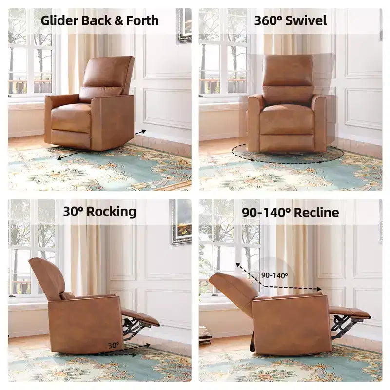 Swivel Rocking Recliner Chair, Manual Faux Leather Upholstered Glider Rocking Nursery Recliner with Lumbar Support for Living Room Bedroom