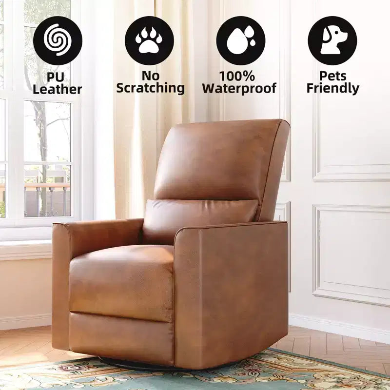 Swivel Rocking Recliner Chair, Manual Faux Leather Upholstered Glider Rocking Nursery Recliner with Lumbar Support for Living Room Bedroom