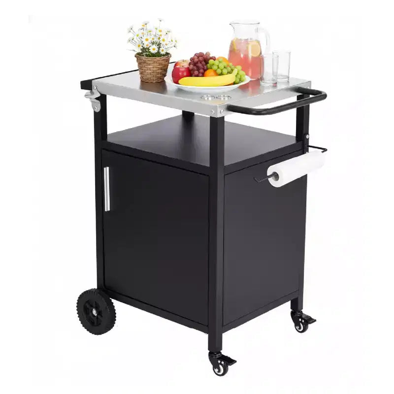 ROVSUN Outdoor Grill Table Cart with Cabinet, Stainless Steel Movable Kitchen Island with Large Storage Cabinet, Multifunction Food Prep Table