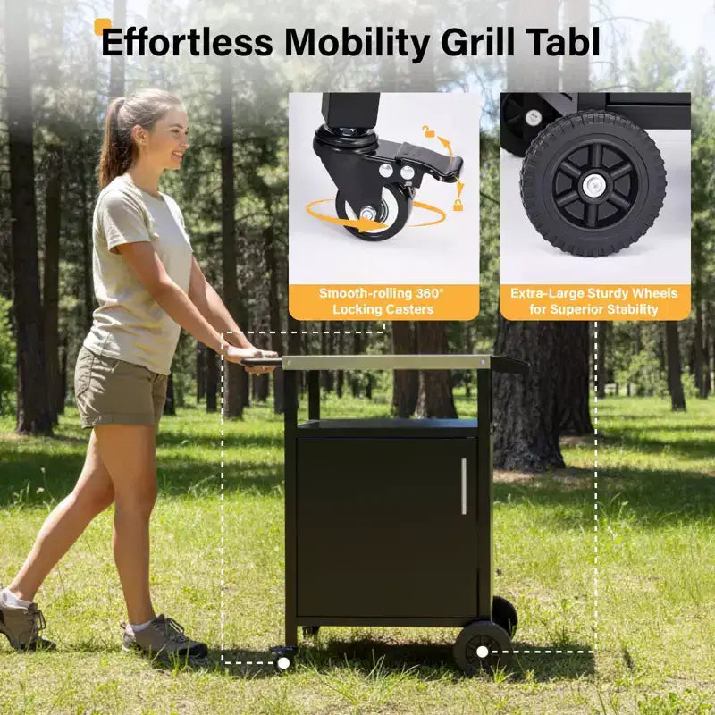 Outdoor Grill Table Cart with Cabinet, Stainless Steel Movable Kitchen Island with Large Storage Cabinet, Multifunction Food Prep Table
