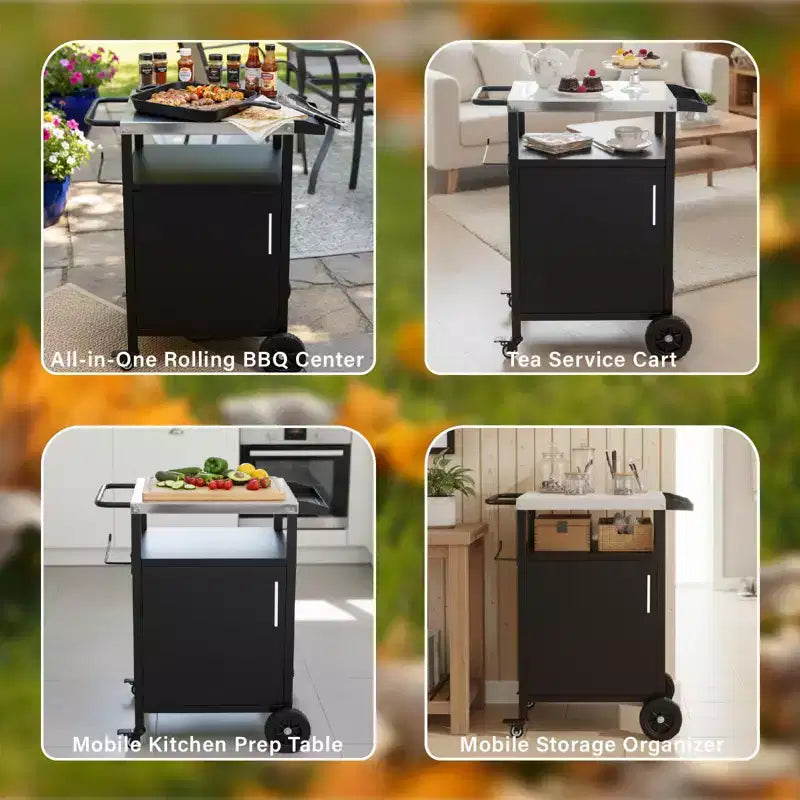 Outdoor Grill Table Cart with Cabinet, Stainless Steel Movable Kitchen Island with Large Storage Cabinet, Multifunction Food Prep Table