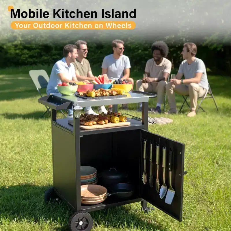 Outdoor Grill Table Cart with Cabinet, Stainless Steel Movable Kitchen Island with Large Storage Cabinet, Multifunction Food Prep Table