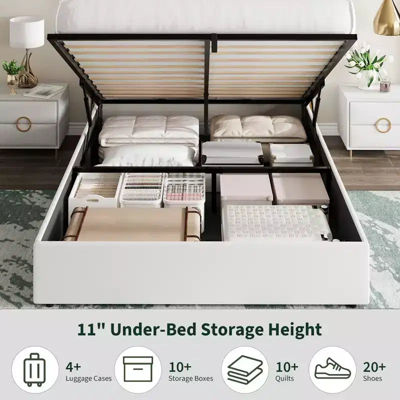 Storage Bed with Wingback Headboard, Modern Upholstered Bed Frame, Strong Wood Slats, No Box Spring Needed, Easy Assembly