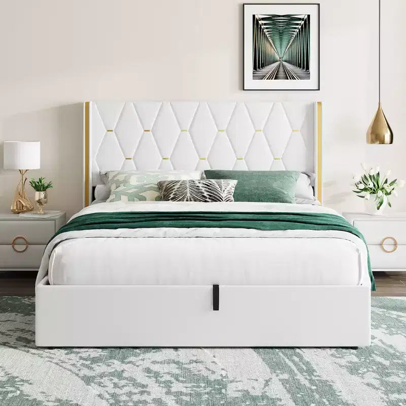 Storage Bed with Wingback Headboard, Modern Upholstered Bed Frame, Strong Wood Slats, No Box Spring Needed, Easy Assembly