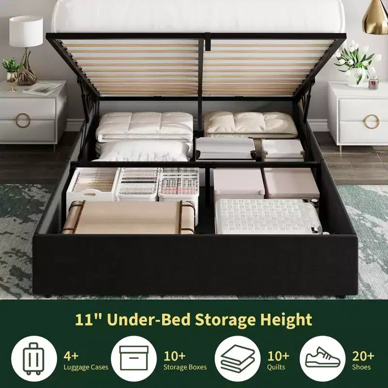 Storage Bed with Wingback Headboard, Modern Upholstered Bed Frame, Strong Wood Slats, No Box Spring Needed, Easy Assembly
