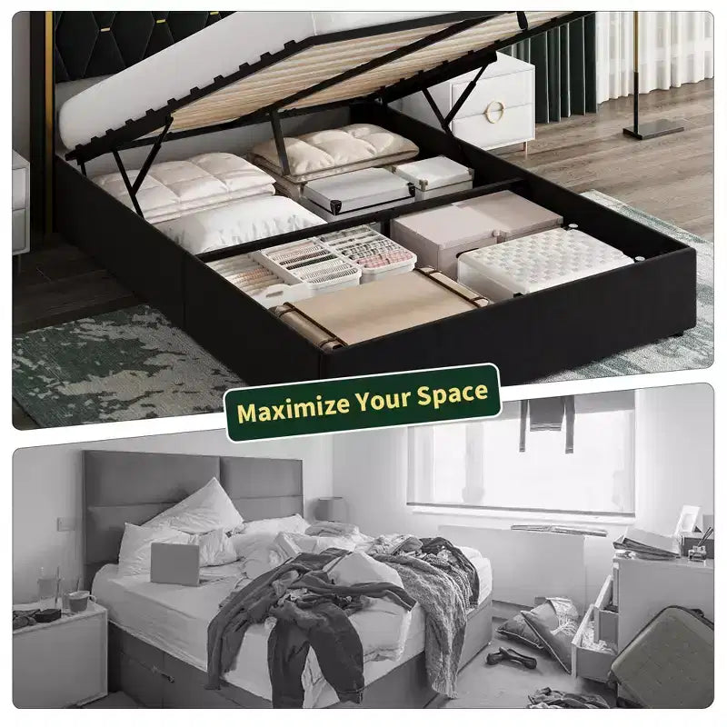 Storage Bed with Wingback Headboard, Modern Upholstered Bed Frame, Strong Wood Slats, No Box Spring Needed, Easy Assembly