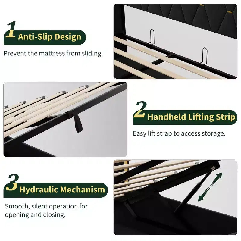 Storage Bed with Wingback Headboard, Modern Upholstered Bed Frame, Strong Wood Slats, No Box Spring Needed, Easy Assembly