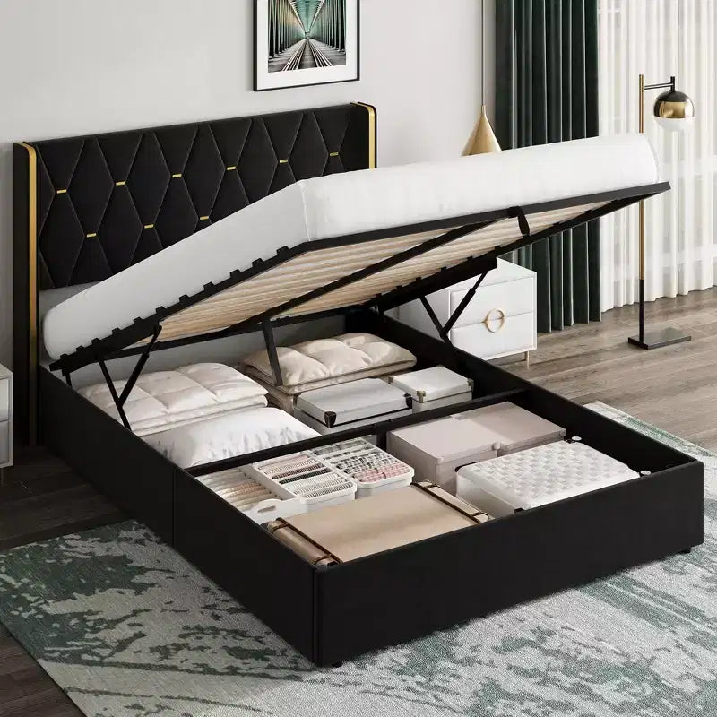 Storage Bed with Wingback Headboard, Modern Upholstered Bed Frame, Strong Wood Slats, No Box Spring Needed, Easy Assembly
