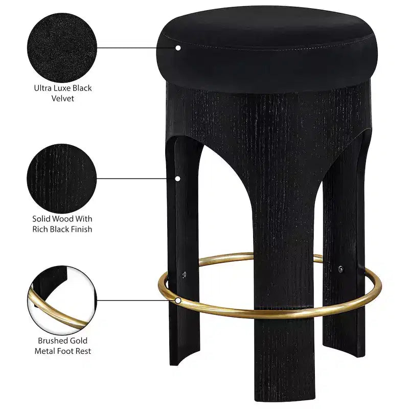Black Finish Velvet Upholstered Counter Stool