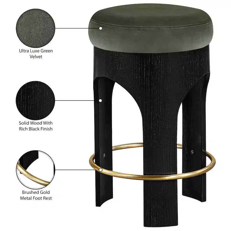 Black Finish Velvet Upholstered Counter Stool