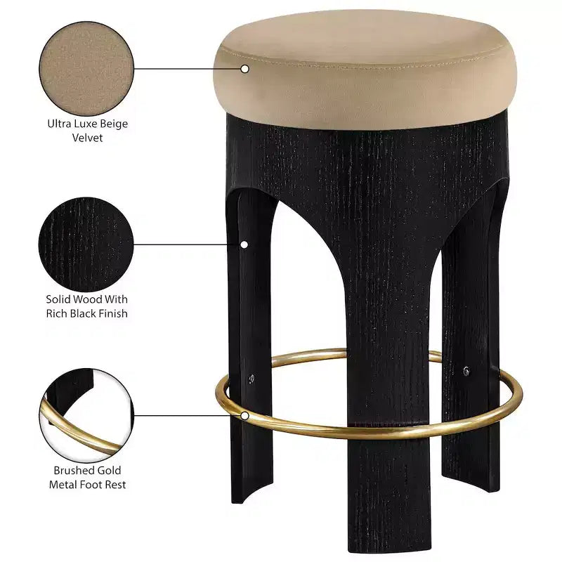Black Finish Velvet Upholstered Counter Stool
