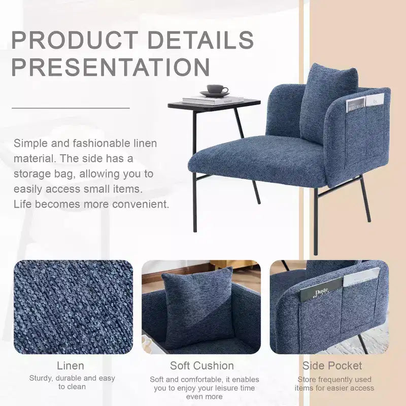 Chenille Upholstered Single Sofa with Side Table