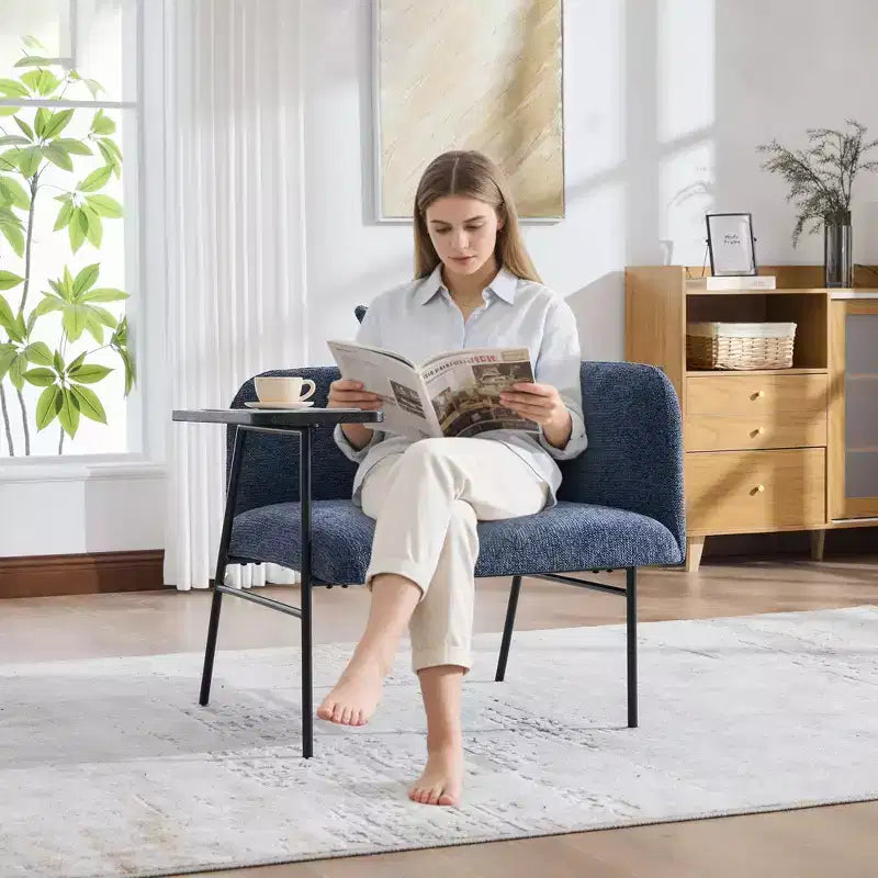 Chenille Upholstered Single Sofa with Side Table