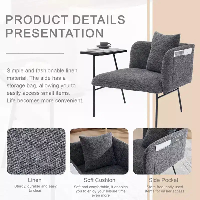 Chenille Upholstered Single Sofa with Side Table