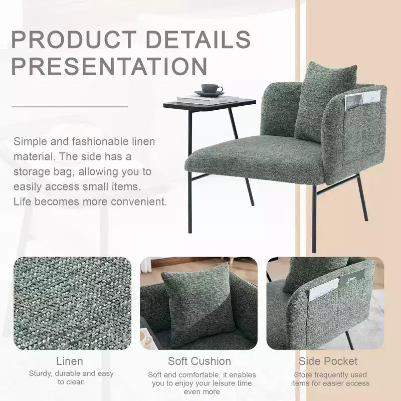 Chenille Upholstered Single Sofa with Side Table