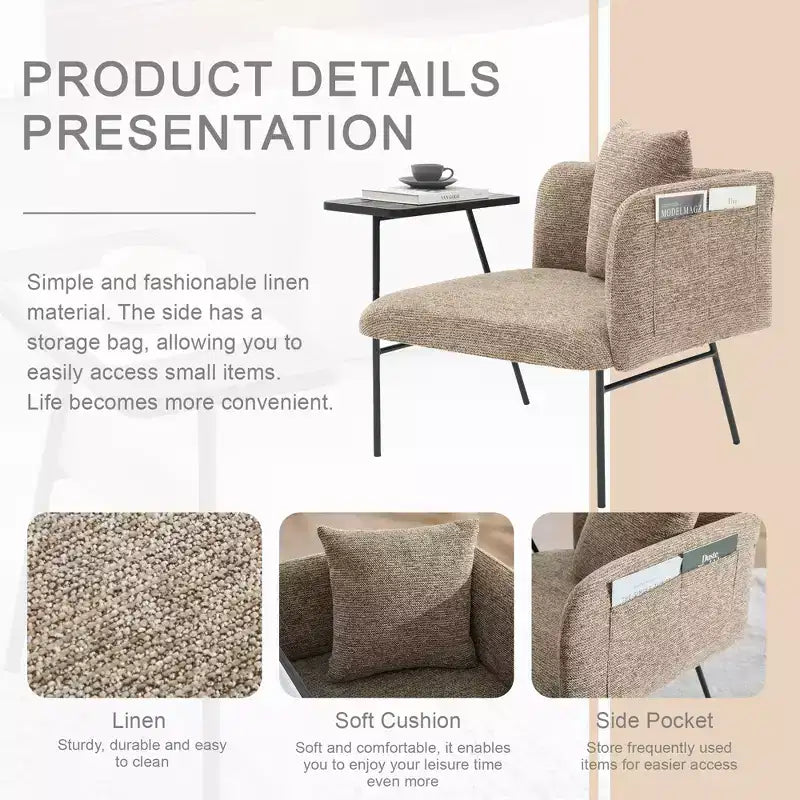 Chenille Upholstered Single Sofa with Side Table