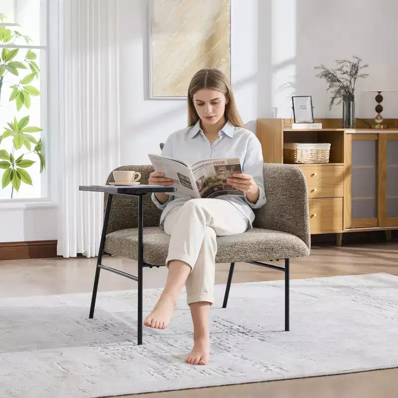Chenille Upholstered Single Sofa with Side Table