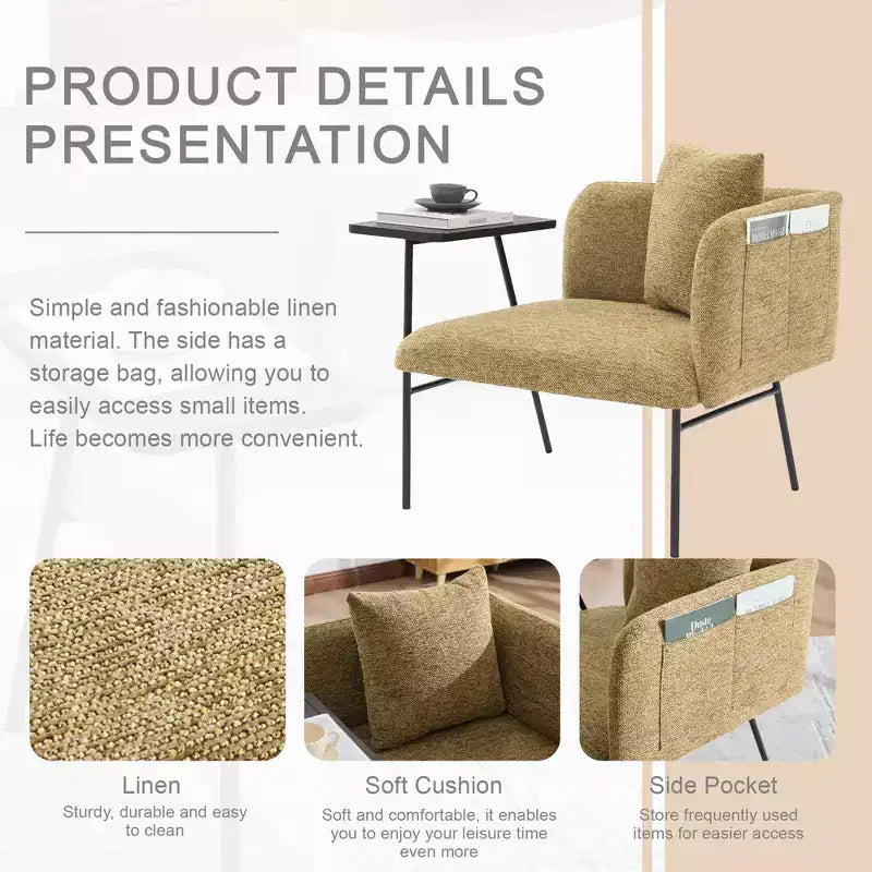 Chenille Upholstered Single Sofa with Side Table