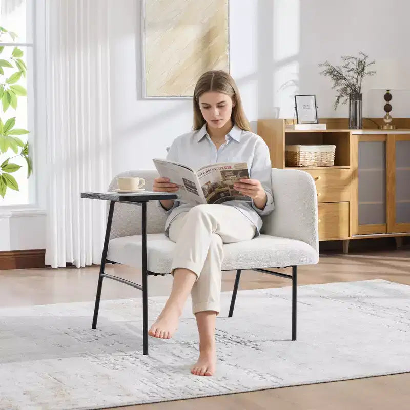 Chenille Upholstered Single Sofa with Side Table