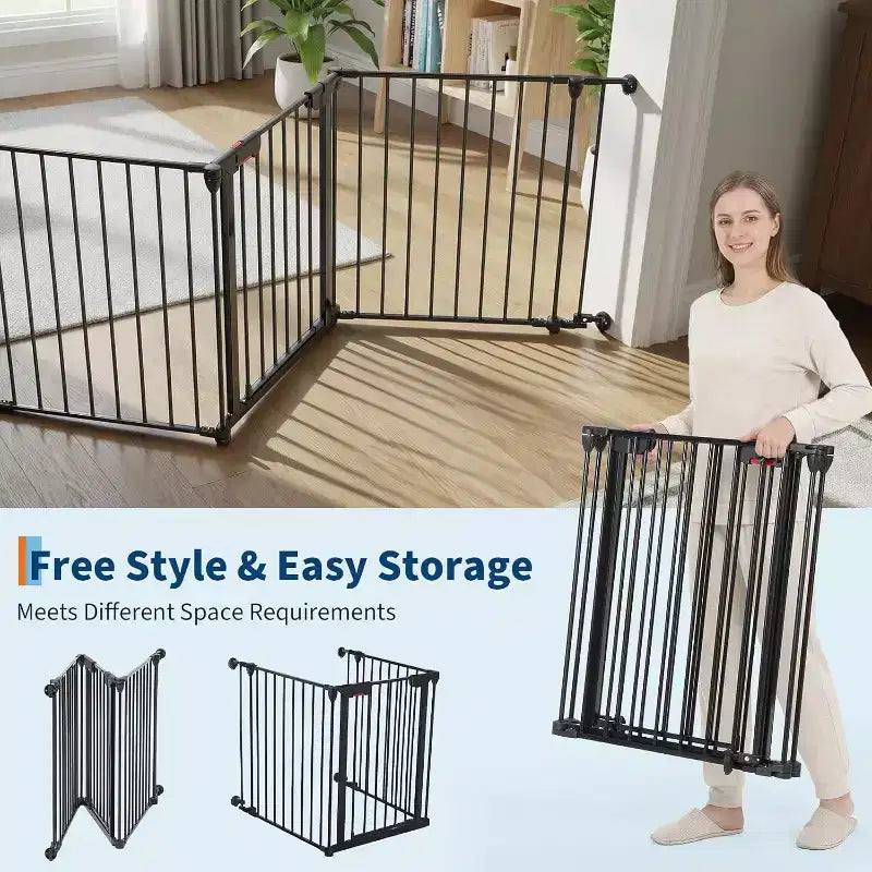Adjustable Pet Gate with Locking Door - Expandable to 201.6 Inches, 3-8 Panel Metal Dog Barrier, Freestanding Home Safety Fence