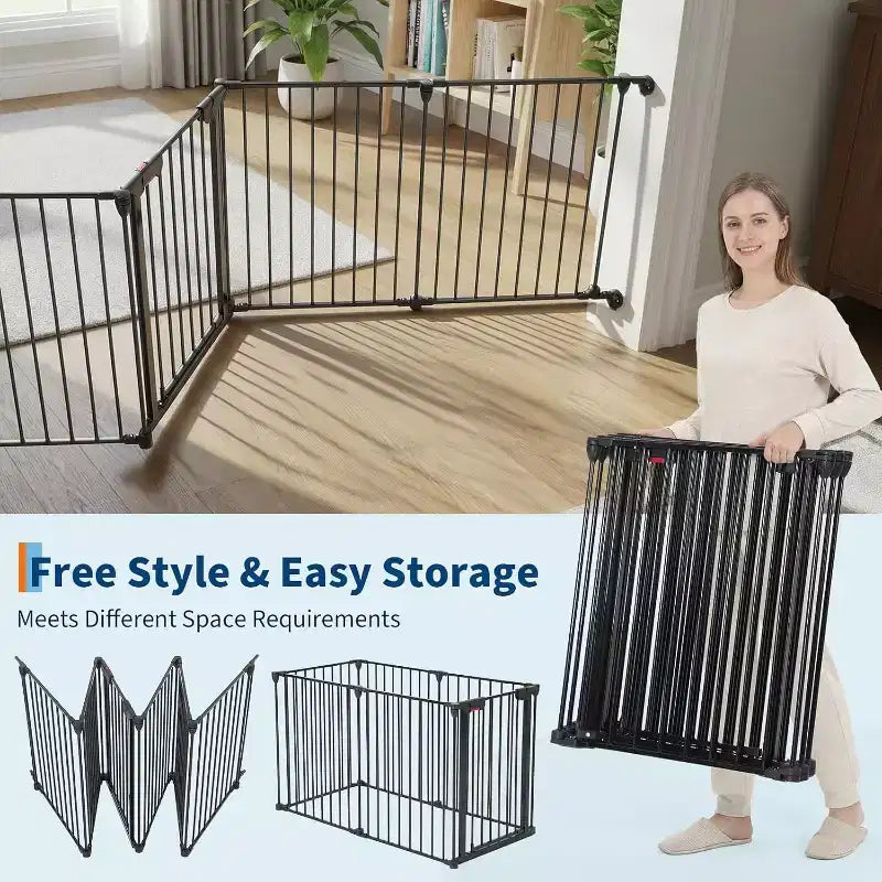 Adjustable Pet Gate with Locking Door - Expandable to 201.6 Inches, 3-8 Panel Metal Dog Barrier, Freestanding Home Safety Fence