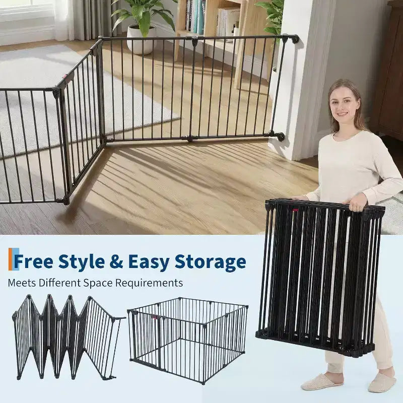 Adjustable Pet Gate with Locking Door - Expandable to 201.6 Inches, 3-8 Panel Metal Dog Barrier, Freestanding Home Safety Fence