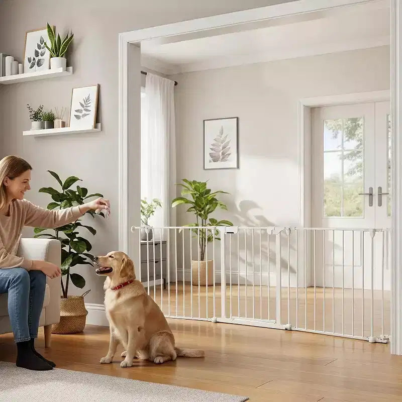 Adjustable Pet Gate with Locking Door - Expandable to 201.6 Inches, 3-8 Panel Metal Dog Barrier, Freestanding Home Safety Fence