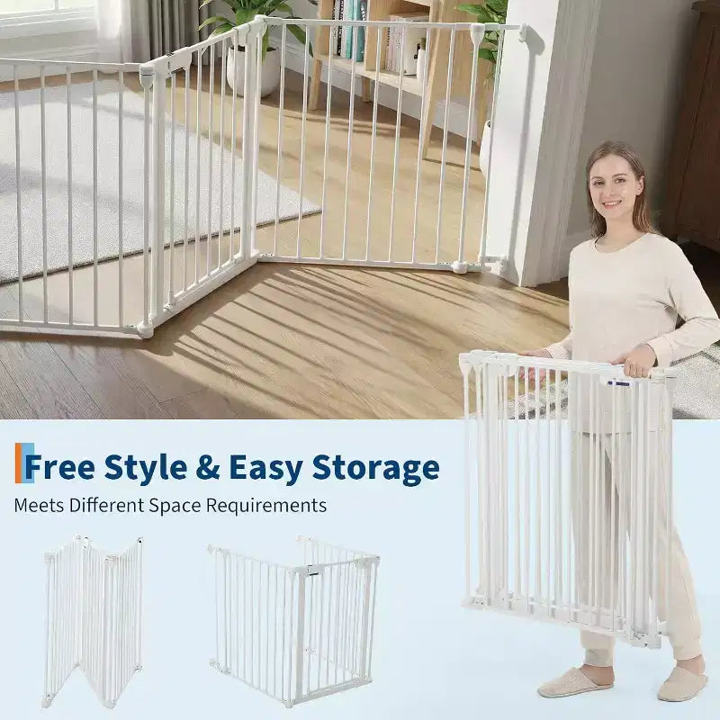 Adjustable Pet Gate with Locking Door - Expandable to 201.6 Inches, 3-8 Panel Metal Dog Barrier, Freestanding Home Safety Fence