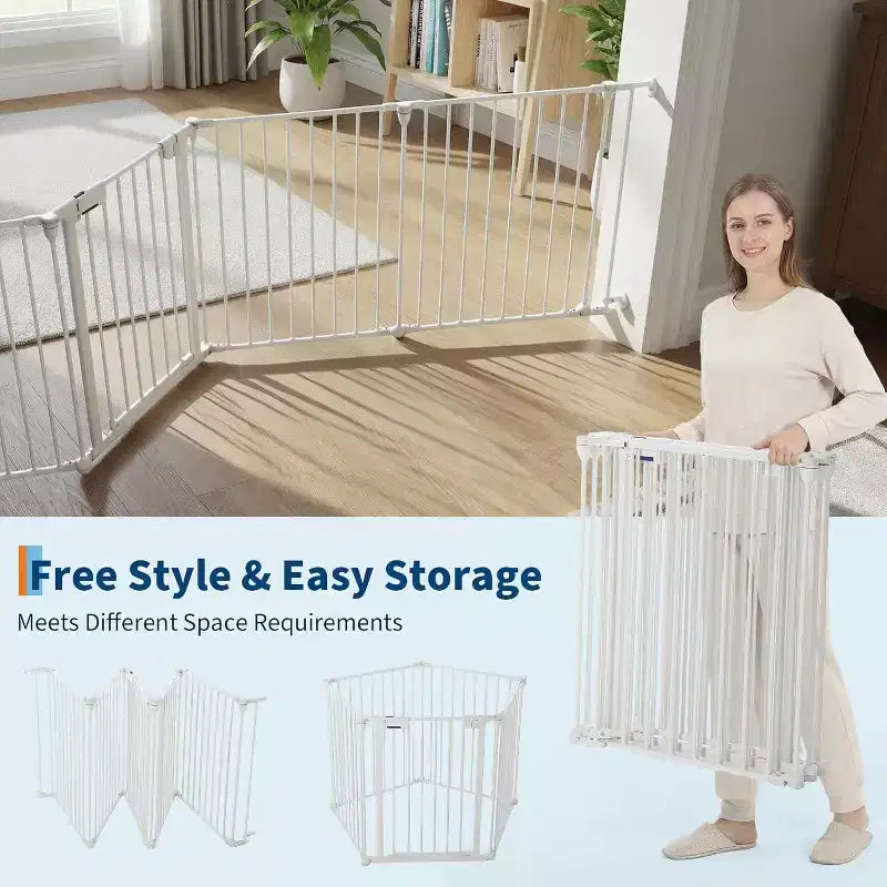Adjustable Pet Gate with Locking Door - Expandable to 201.6 Inches, 3-8 Panel Metal Dog Barrier, Freestanding Home Safety Fence