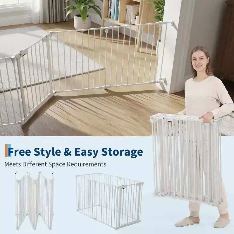 Adjustable Pet Gate with Locking Door - Expandable to 201.6 Inches, 3-8 Panel Metal Dog Barrier, Freestanding Home Safety Fence