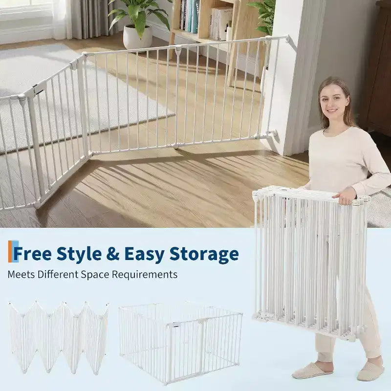 Adjustable Pet Gate with Locking Door - Expandable to 201.6 Inches, 3-8 Panel Metal Dog Barrier, Freestanding Home Safety Fence