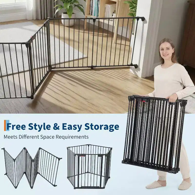 Adjustable Pet Gate with Locking Door - Expandable to 201.6 Inches, 3-8 Panel Metal Dog Barrier, Freestanding Home Safety Fence