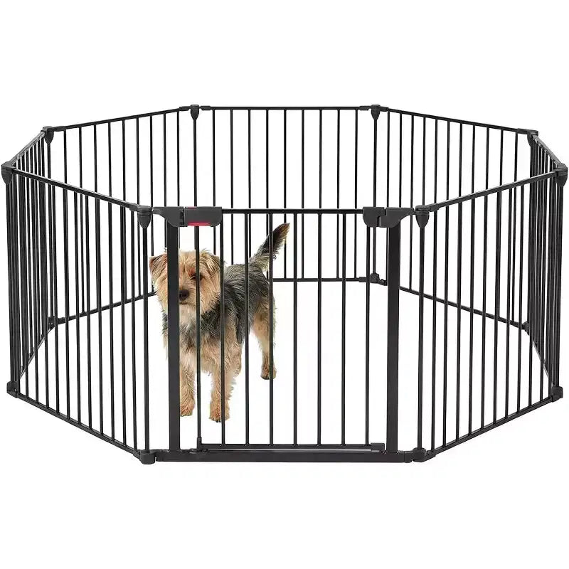 Adjustable Pet Gate with Locking Door - Expandable to 201.6 Inches, 3-8 Panel Metal Dog Barrier, Freestanding Home Safety Fence