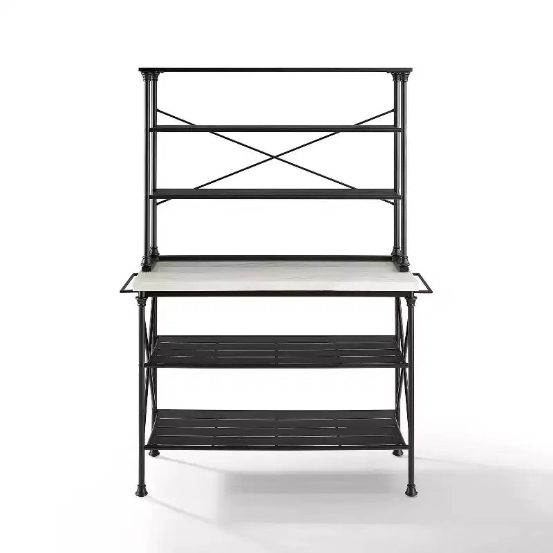 Kitchen Island and Hutch Matte Black - : Veneer Surface, Metal Frame, 6 Open Shelves