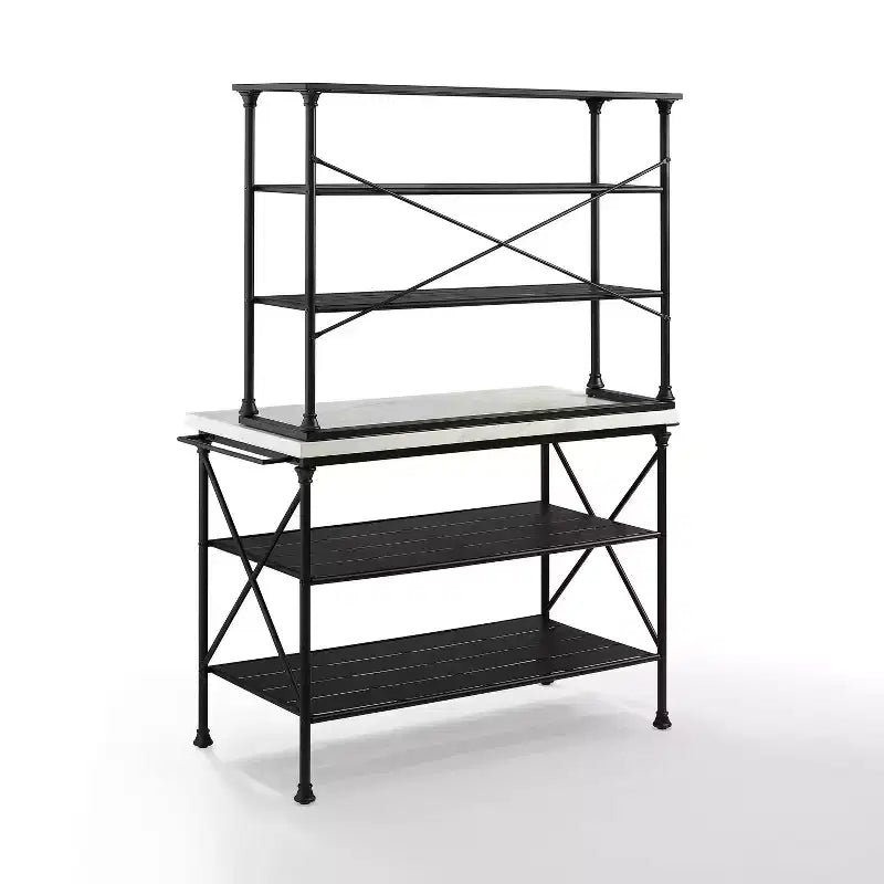Kitchen Island and Hutch Matte Black - : Veneer Surface, Metal Frame, 6 Open Shelves