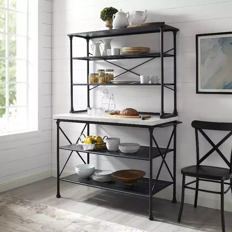 Kitchen Island and Hutch Matte Black - : Veneer Surface, Metal Frame, 6 Open Shelves