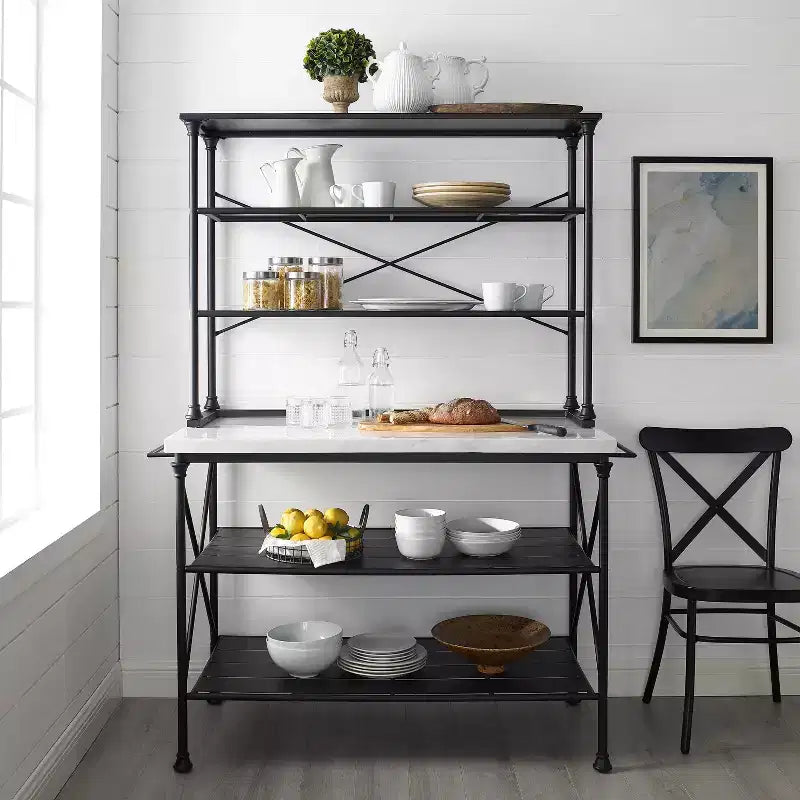 Kitchen Island and Hutch Matte Black - : Veneer Surface, Metal Frame, 6 Open Shelves