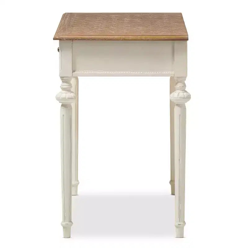 French Provincial Weathered Oak Wash Writing Desk White: Mid-Century Style, Open Shelf Storage