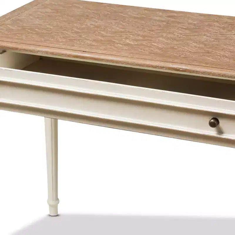 French Provincial Weathered Oak Wash Writing Desk White: Mid-Century Style, Open Shelf Storage