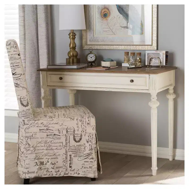 French Provincial Weathered Oak Wash Writing Desk White: Mid-Century Style, Open Shelf Storage