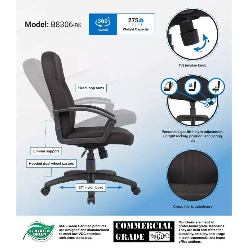 Mid Back Fabric Managers Chair Black - : Ergonomic, Swivel, Adjustable Height, Metal Frame