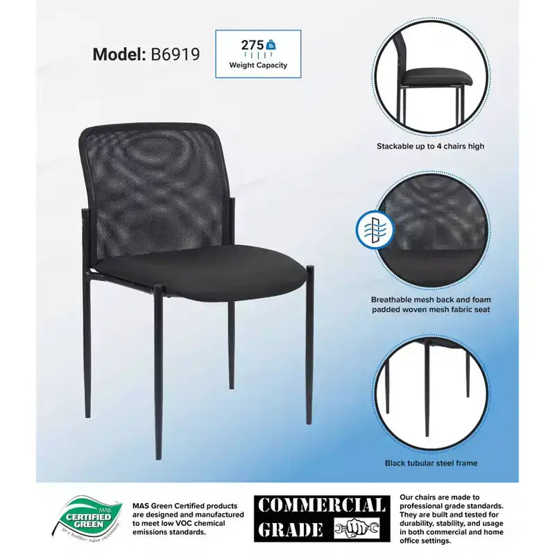 Mesh Guest Chair Black - : Armless, Stackable, Metal Frame