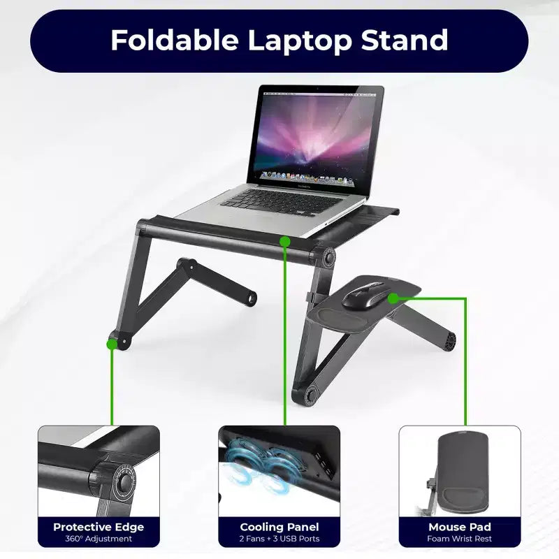 Adjustable Laptop Cooling Stand & Lap Desk Black - : Ergonomic, Aluminum, USB Ports