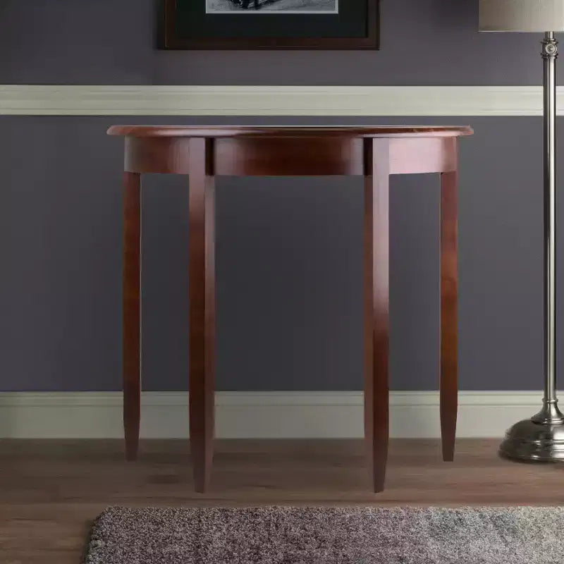 Half Moon Accent Table: Antique Walnut, Tapered Legs, Space-Saving Design